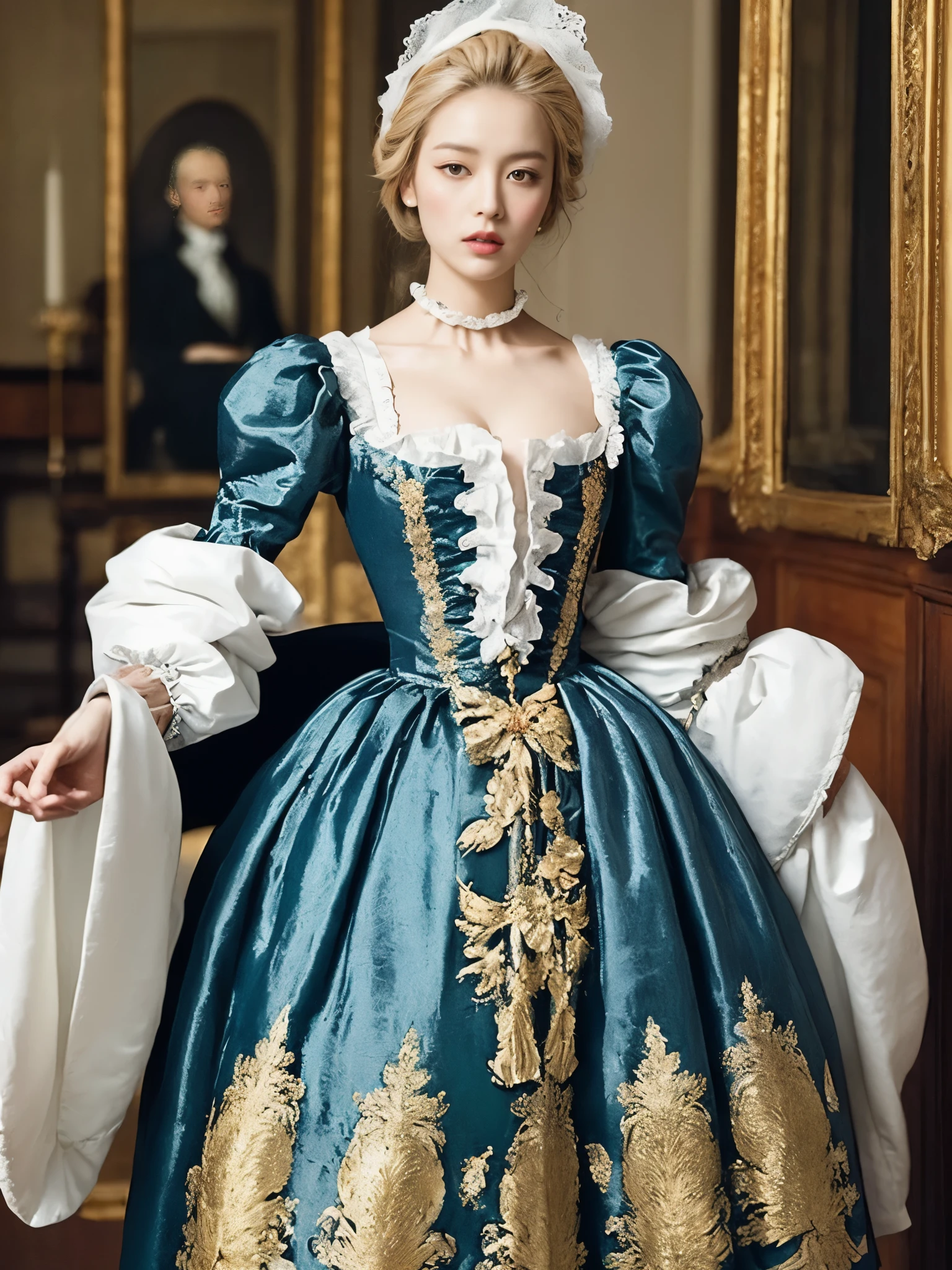 Marie Antoinette、Wear colorful, extravagant clothing、Open chest、I'm not wearing anything underneath、See-through、Full Body Shot、20th Ayaka、NiziU AYAKA、 4K、1People Women、slender、 Loose, wavy styling 、Fascinating and attractive、Including the texture of the face and skin.,Detailed eyes,wearing a long rococo dress,18th century dress