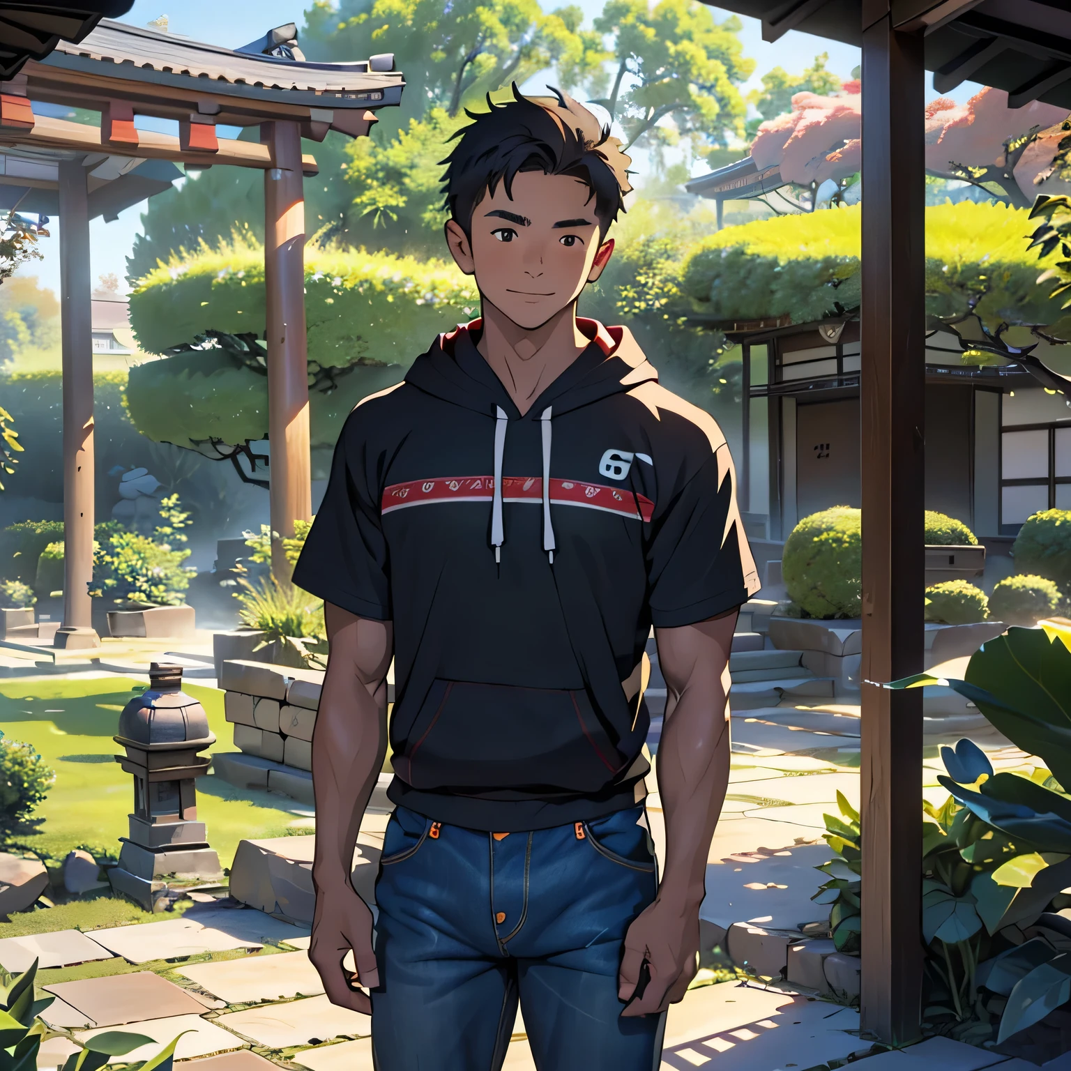 ((masterpiece)), ((best quality)), (ultra-detailed), (((((Garden of Japan house, Not in the shade, Landscape, cowboy shot))))), (8k, ultra-detailed, 1boy,  boy, worm eyes, Natural smile), Young boy, ((((solo, Height: 168cm, 6.5 heads, baby face, n, Toned body)))), (Black Short hair, brown eyes), Vivid colors, ((A loose fitting plain short sleeve hoodie), Denim trousers)