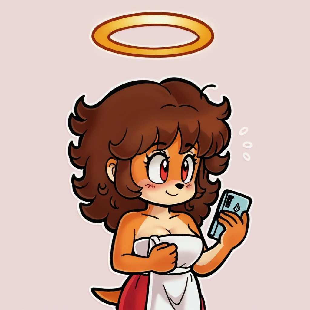 score_9, score_8_up, mobian, hedgehog, two-tone fur ((orange fur, brown fur)), wrapped in towel, medium breasts, two-tone hair (brown hair, black tip)), curly hair, halo, red eyes, longeyelashes, red eyes, smile, shy, blush, holding phone