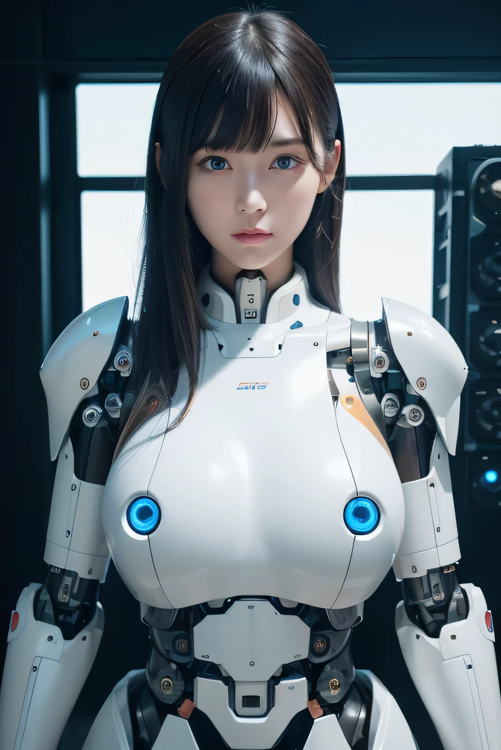 masterpiece, best quality, extremely detailed, 8K portrait,1girl in, Japaese android girl,android teacher,Plump , control panels,android,Droid,Mechanical Hand, ,Robot arms and legs, Black hair,Mechanical body,Blunt bangs,White Robotics Parts,perfect robot woman,Charging spot,perfect mechanical body,white robotics body,android assembly plant,white body,She has repaired,black sponge joints,android,laboratory,perfect machine body,white robot body,blue eyes