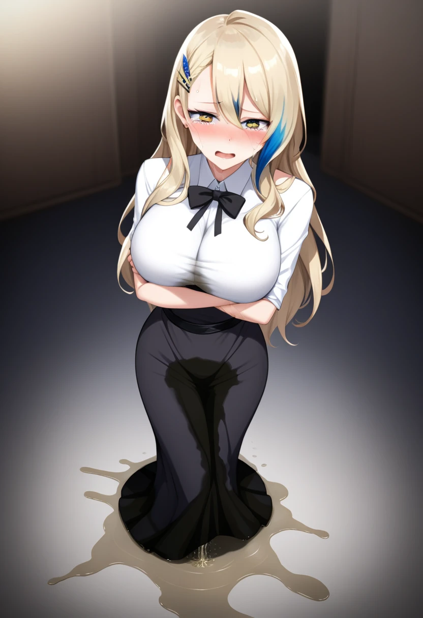 (high quality,Very detailed:1.37, High resolution), Woman, Serval Landau, very long dress, very tight dress, large breasts, (wetting herself:1.5), (standing:1.5), embarrassed, humiliation, (sweating:1.5), (blushing:1.5), Meticulous details, (extremely detailed eyes:1.37), (arms crossed:1.5)