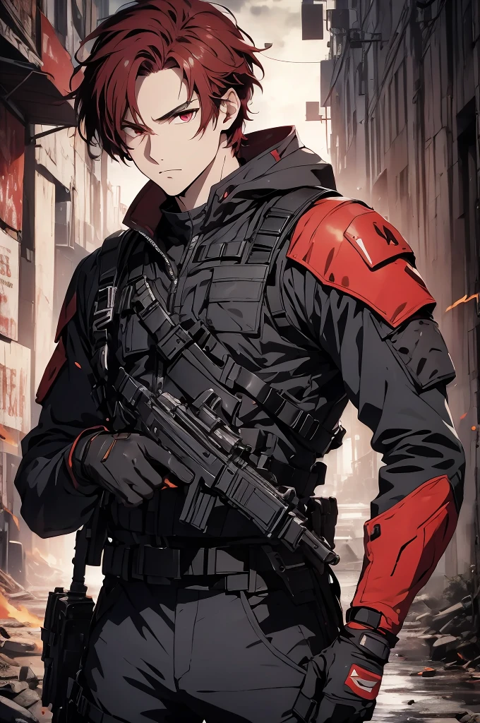 1man, handsome, red hair, wearing combat suit, ultra high resolution, best quality, masterpiece, rtx,ray tracing, 4k, top quality, highly detailed, official art, stunning visuals 