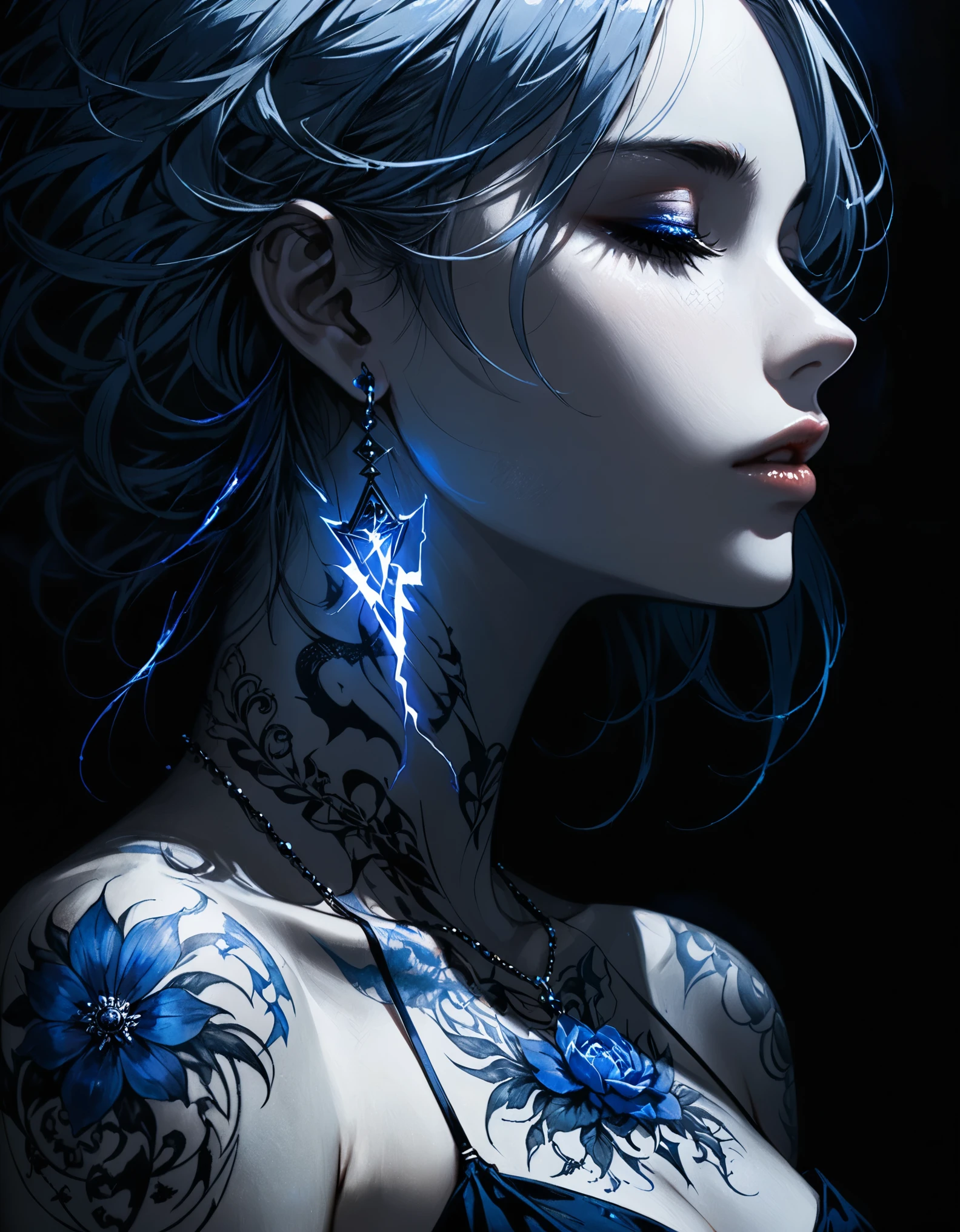 (in style of Harry Clarke:0.8),in style of Santiago Caruso,
1girl,black background,Lying down,Close your eyes,Gray blue hair,Messy soft hair,Bare shoulders,(Blue flower tattoo on breasts),(Gorgeous and exquisite tattoo:1.8),necklace,Diamond blue gemstone earrings,Black shirt,
BREAK
(((black))),(((darkness))),(((Low-key light))),(((darkness Art,Absolute Shadow,Absolute darkness))),(((Blue lightning effect))),Portrait close-up,化学发光
BREAK
textured skin,textured skin,textured skin,super detail,best quality,highres,masterpiece