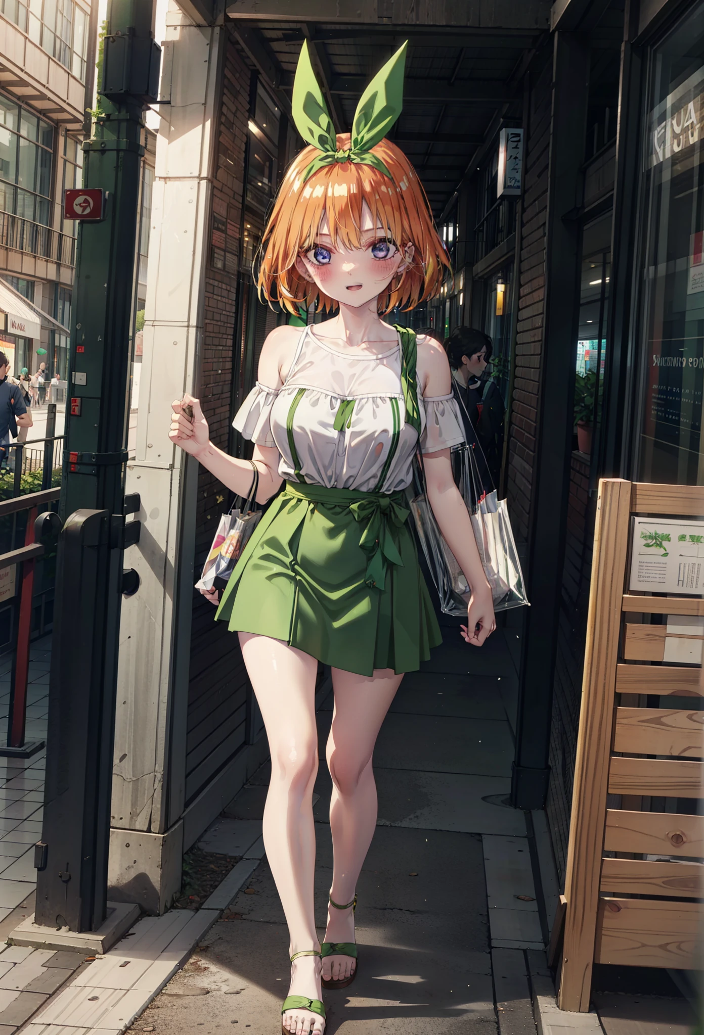 Yotsubanakano, Fourth floor Nakano, bangs, short hair, blue eyes, Hair between the eyes, hair ribbon, hair band, Orange Hair, (Green ribbon:1.5), smile, Open your mouth,blush,Cold Shoulder Shirt,Short sleeve,mini skirt,Heeled Sandals,Walking,True Summer,Clear skies,Daytime,Palm tree,whole bodyがイラストに入るように,
break outdoors, tropical,Tropical,Shopping Street,Shopping mall,
break looking at viewer,whole body,
break (masterpiece:1.2), Highest quality, High resolution, unity 8k wallpaper, (figure:0.8), (Beautiful attention to detail:1.6), Highly detailed face, Perfect lighting, Highly detailed CG, (Perfect hands, Perfect Anatomy),