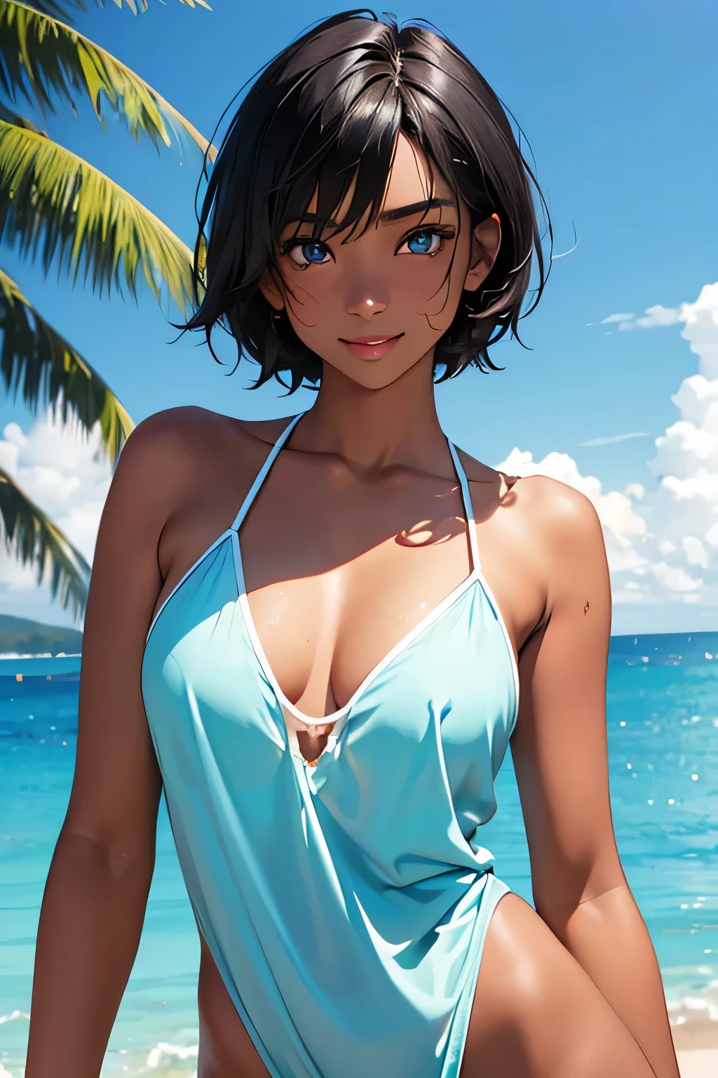 highest quality、Realistic、Women、Black Hair、Light blue eyes、short hair、Swimwear、Tanned dark skin、Tan Skin、Dark Skin、Large Breasts、smile、slender、Sunburn mark、Ocean、Bust Shot