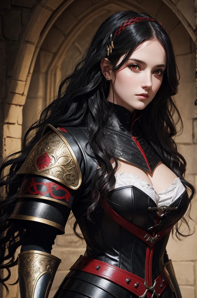 25 year old white woman, black wavy hair, Red eyes, medieval style armor clothing 