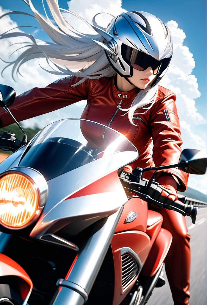 Ultra-realism、“A stunning elven woman with long silver hair, some strands of hair floating behind her helmet, wearing a red leather jacket suit, riding a large motorcycle, speeding down a highway, with a blue sky and white clouds overhead, in a dynamic, cinematic scene with high resolution.”side shot“