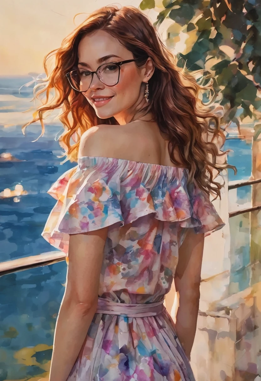 Full-Layout, Complete Composition, strong shape contouring, bold lines, solid color separation, life-like watercolor style mixed with a colorful ink drawing style, beautiful woman in her early thirties, milky skin tone, short wavey ginger hair, covered in freckles, glasses, button nose, off the shoulder Boho style ????????, polychromatic pastel palette, vividly detailed face, coquettish, , athletic body, pixie-like features, 16k resolution, 64 megapixel, detailed background, smile, gaze into the camera, Whimsical lighting, Soft textures, Luminescence, vibrant background, full body, (((rule of thirds))), high quality masterpiece, extreme detail, high resolution, (bokeh:2), backlight, clear.
