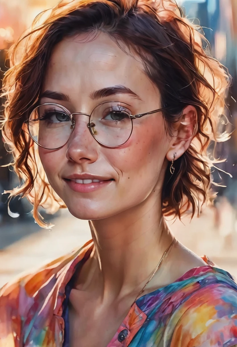 Full-Layout, Complete Composition, strong shape contouring, bold lines, solid color separation, life-like watercolor style mixed with a colorful ink drawing style, beautiful woman in her early thirties, milky skin tone, short wavey ginger hair, covered in freckles, glasses, button nose, off the shoulder Boho style sundress, polychromatic pastel palette, vividly detailed face, coquettish, , athletic body, pixie-like features, 16k resolution, 64 megapixel, detailed background, smile, gaze into the camera, Whimsical lighting, Soft textures, Luminescence, vibrant background, full body, (((rule of thirds))), high quality masterpiece, extreme detail, high resolution, (bokeh:2), backlight, clear.
