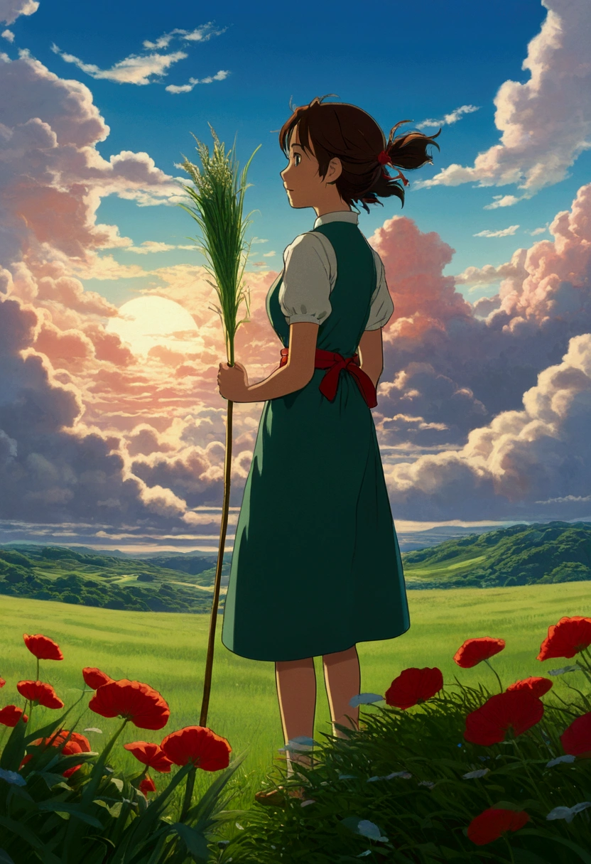 heaven,cloud,Exterior,I,she,Grass is overgrown,,cloudy sky,petal,Are standing,Red Apronを着た女性がBackwardsにAre standing、Therru from Tales from Earthsea、Ghibli style、Red Apron、Backwards、evening