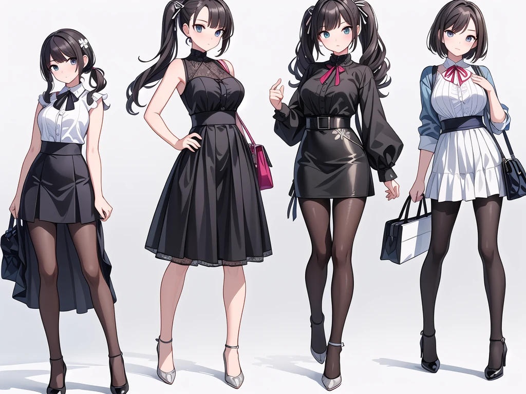 ((((masterpiece, best quality, Extremely detailed)))) , ((whole body)), 4 Women, Adult women, multiple views, White background, Various hairstyles, Various fashion styles, Sexy pose, Fashionable atmosphere, Tote Bag, Spring Clothing,Walking posture, Extremely detailed的 CG, shorts, Ribbon, Pantyhose, skirt