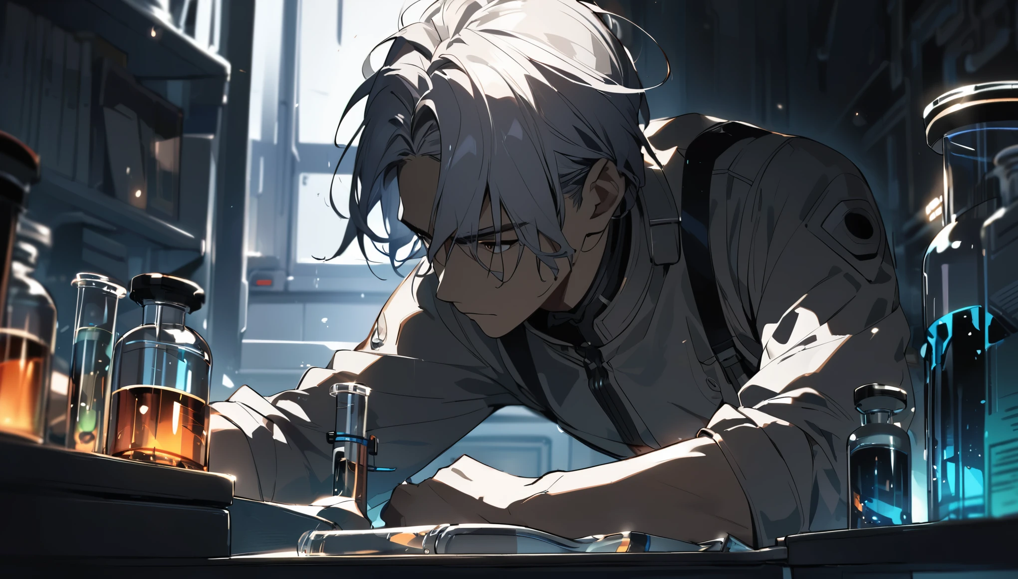 a man examining a small vial of poison, medium close-up, sci-fi classroom, dramatic lighting, tense atmosphere