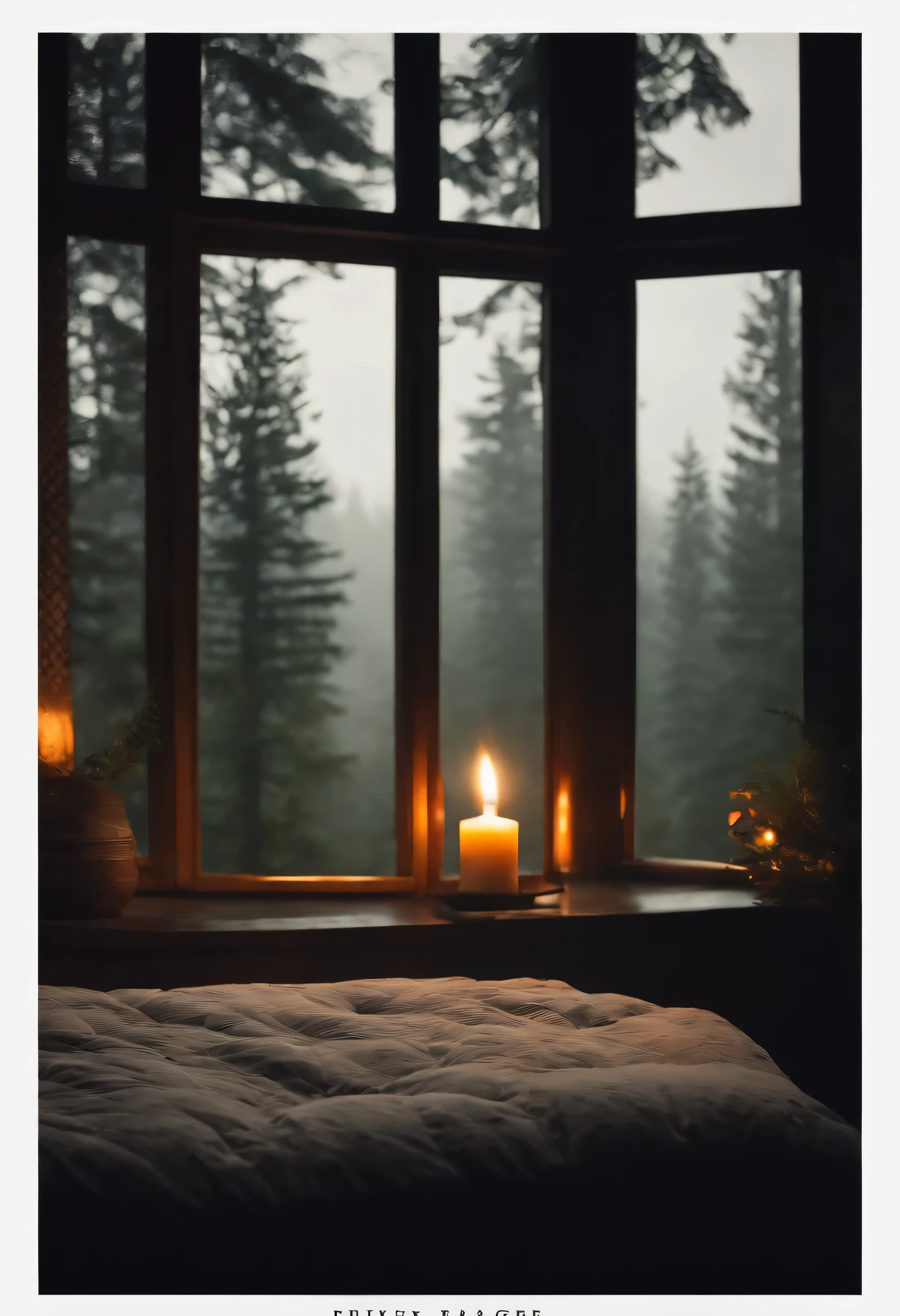 (masterpiece, bestquality),Bedroom with Pine Forest View,Outside the window,It's raining,Fog,candle lit, forests,warm,
