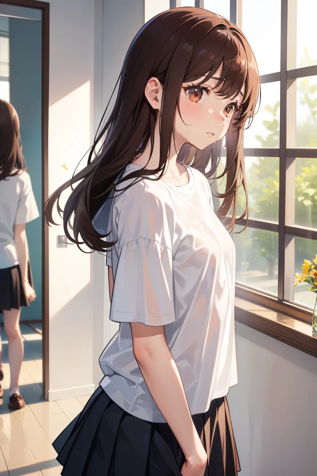 Highest quality、beautiful girl, (High school girls)、16 years old, 8k、RAW Photo、(skin:1.2)、Ultra-high resolution、(lens:50mm)、(F/1.2)、profile, (Beautiful Face), light makeup, Slender body, ((Medium chest, 美しいBody lines)), (Big round eyes:1.2)、(Droopy eyes:1.3)、(Embarrassed face:1. 2), (Red cheeks, Close your lips), 16 years old, Medium Hair, ( Brown Hair), , Brown eyes, beautiful girl, 16 years old, Very beautiful student, White shirt, ((See-through shirt, Short sleeve, Body linesが透ける, The line of underwear is visible)),Pleated skirt, (uniform:1.2), Body lines, (White wall, Bright windows:1.1), Shallow depth of field, Soft Focus, The embarrassed face is cute, (Red cheeks, Sweat)
