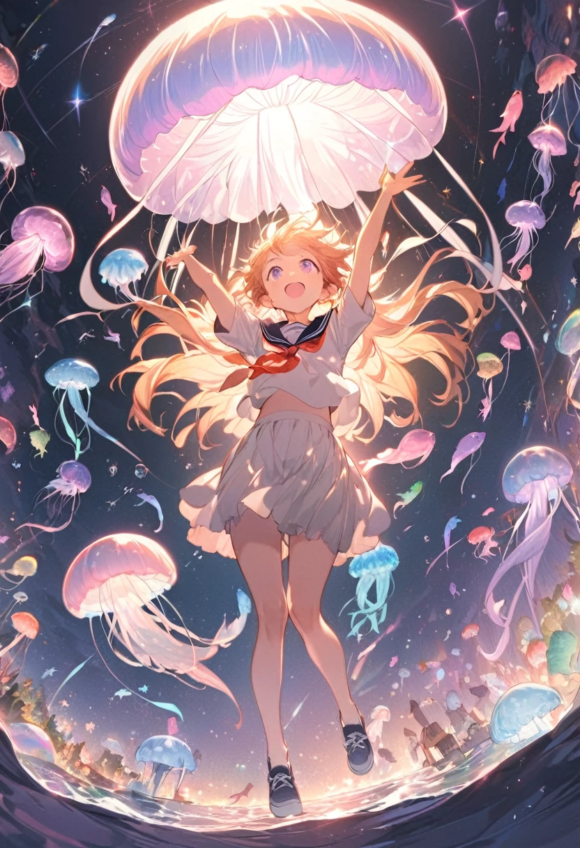 full body ,from below ,arms raised in the air ,light particles ,long tired rando hair ,sideburns , gradient eyes ,looking up ,teenage ,happy ,serafuku ,{{{masterpiece}}}, {{{best quality}}}, {{ultra-detailed}}, {illustration}, {{an extremely delicate and beautiful}},night,flying dolphin, white whale,absurdres,hires,ultra detailed,Rainbow jellyfish, giant jellyfish, flying jellyfish, 6 years old,{{{{{bubble}}}}},Jellyfish that glows in random colors,Sea of stars, shooting stars, schools of fish