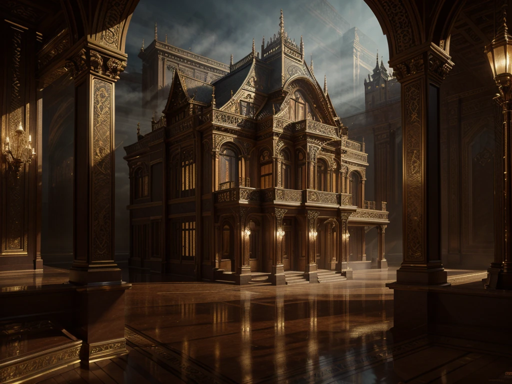 A magnificent, intricate 3D scene, luxurious architectural design, opulent materials, dramatic lighting, highly detailed, hyper-realistic, cinematic composition, volumetric fog, intricate details, ornate patterns, reflective surfaces, warm color palette, dramatic shadows, masterpiece, superb quality
