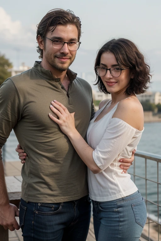 Tall muscular slender Male, stubble beard unshaved, olive skin, handsome man, green eyes, curly hair abover his shoulders, classy dressed casual clothes, he is a badass, he is smiling, he is with his shorter girlfriend, the woman has glasses and black curly hair, the woman wears jeans and pretty blouse