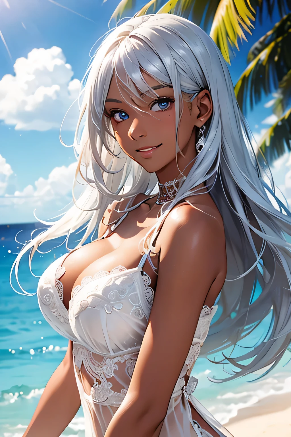 highest quality、Realistic、Women、Silver Hair、Light blue eyes、Long Hair、Bridal Lingerie、Tanned dark skin、Tan Skin、Dark Skin、Large Breasts、smile、slender、Sunburn mark、Ocean、Bust Shot