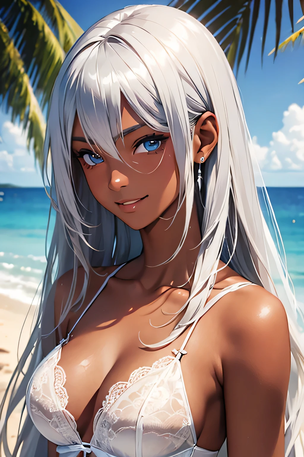 highest quality、Realistic、Women、Silver Hair、Light blue eyes、Long Hair、Bridal Lingerie、Tanned dark skin、Tan Skin、Dark Skin、Large Breasts、smile、slender、Sunburn mark、Ocean、Bust Shot