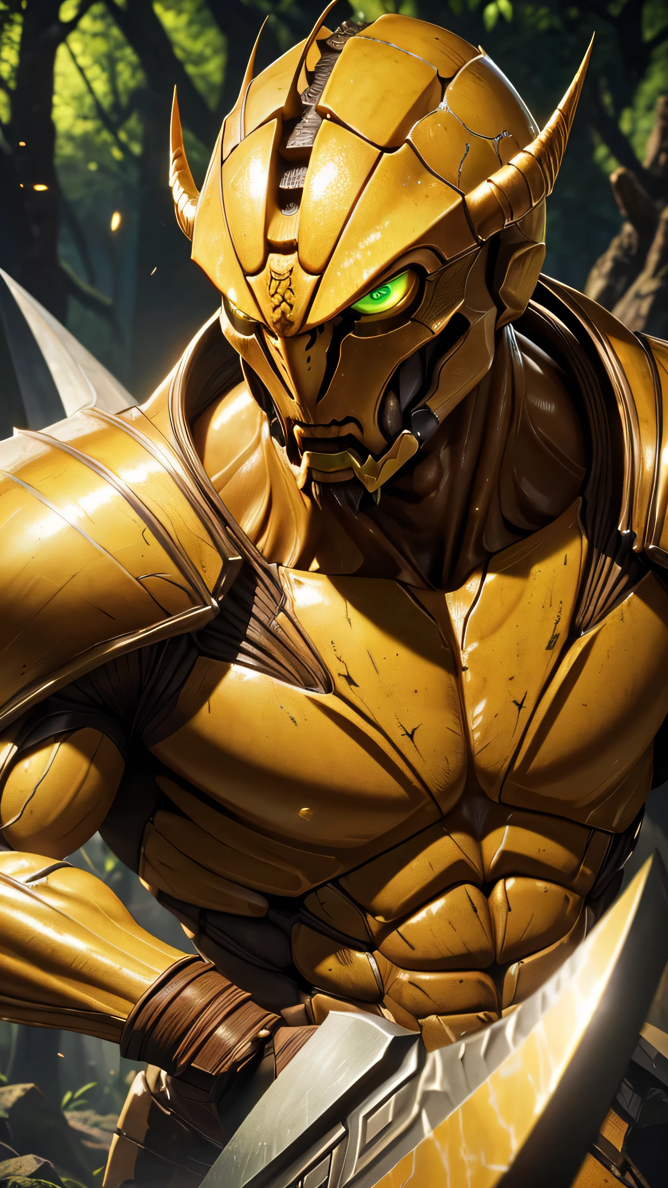 tall slender insectoid, spear, yellow brown skin, carapace armor, (masterpiece, best quality), (green eyes), (Hyper realistic:1.6), ((detailed face)), ((award-winning)), (sharp), (8k resolution), (cinematic lighting)