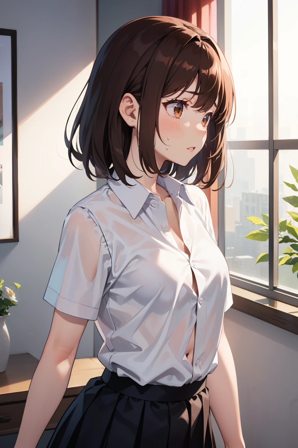 Highest quality、beautiful girl, (High school girls)、16 years old, 8k、RAW Photo、（skin：1.2）、Ultra-high resolution、（lens：50mm）、（F/1.2）、profile, (Beautiful Face), light makeup, Slender body, ((Medium chest, 美しいBody lines)), （Big round eyes：1.2）、（Droopy eyes：1.3）、（Embarrassed face：1. 2), (Red cheeks, Close your lips), 16 years old, Medium Hair, ( Brown Hair), , Brown eyes, beautiful girl, 16 years old, Very beautiful student, White shirt, ((See-through shirt, Short sleeve, Unbutton, セクシーなBody lines, Sexy underwear line)),White pleated skirt, (uniform:1.２), Body lines, (White wall, Bright windows:1.1), Shallow depth of field, Soft Focus, The embarrassed face is cute, (Red cheeks, Sweat)