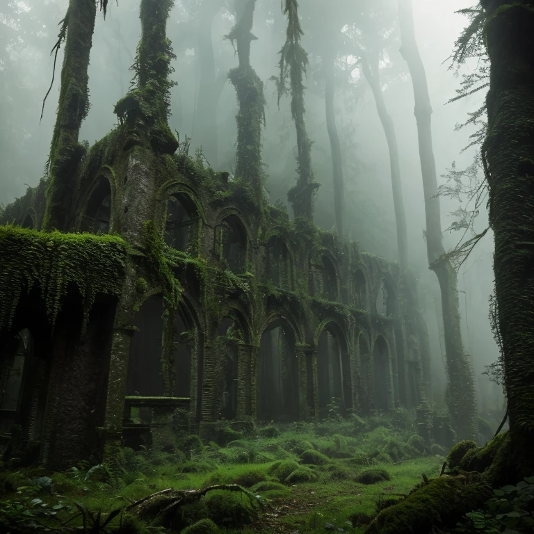 The ruins are covered in overgrown vegetation, with moss and vines creeping over the old stone structures. A perpetual, eerie mist lingers around the area, adding to its mysterious and haunting atmosphere. The ruins are often silent, with only the soft whispers of the wind or the rustle of leaves breaking the stillness.
