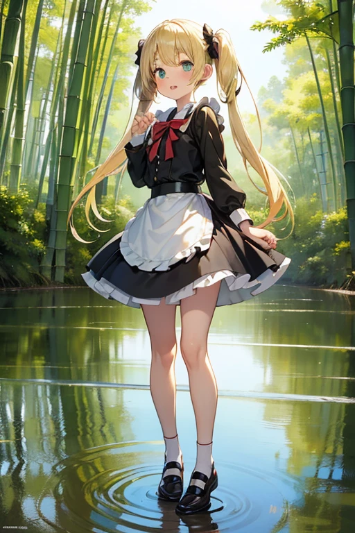 Photorealistic, masutepiece, Best Quality, Official art, 8k Wallpaper, Very detailed, Illustration, 1 girl, pale yellow-green hair, Long hair, Detailed eyes, Forrest Gump, lake, pure, Bamboo, (((Petite girl with blonde twin tails))), Maid, Laugh as hard as you can, Beautiful feet, Leather shoes, Dynamic Pose.