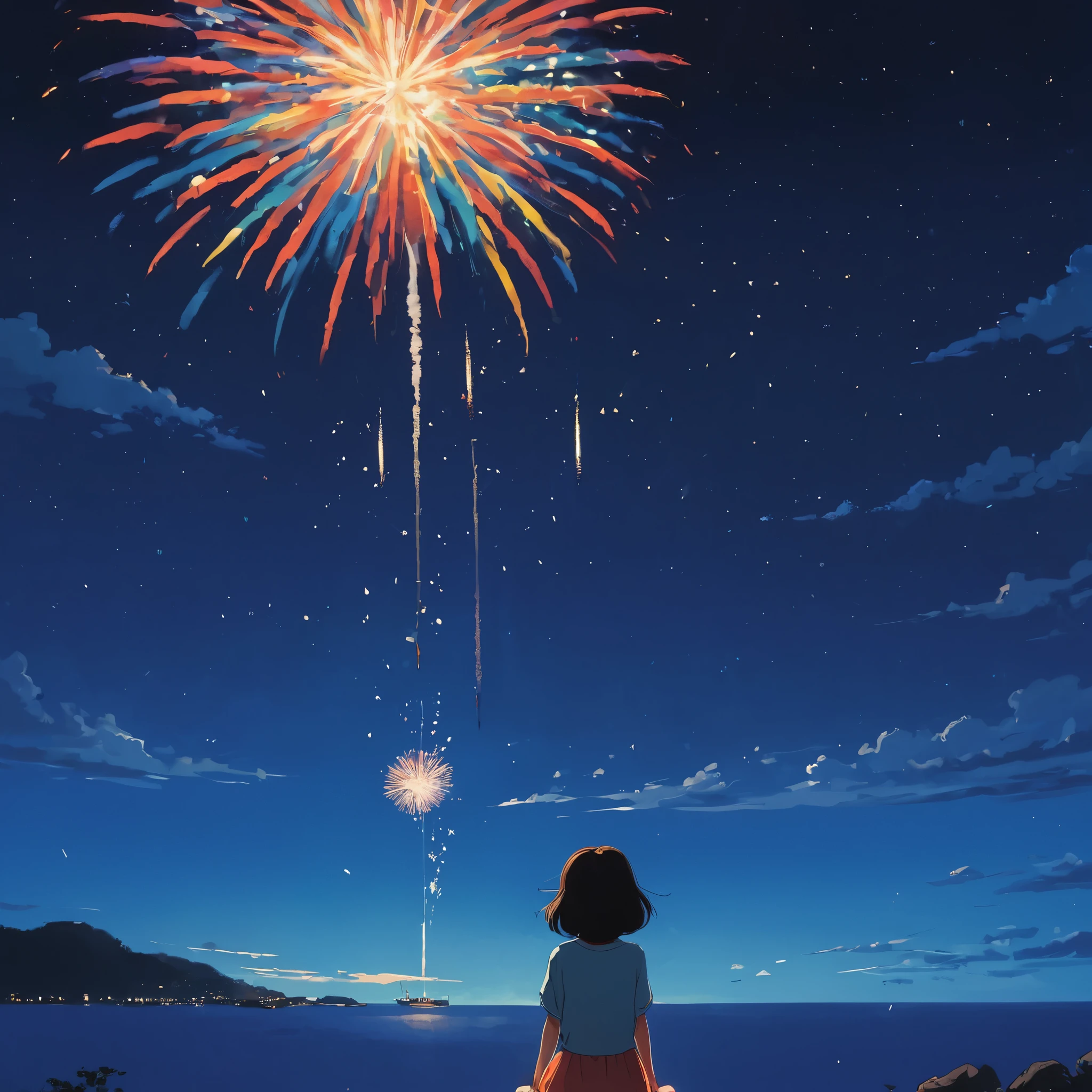 (Minimalism:1.4), Fireworks in the night sky,coastal, ghibli studio art、Girl looking up at fireworks