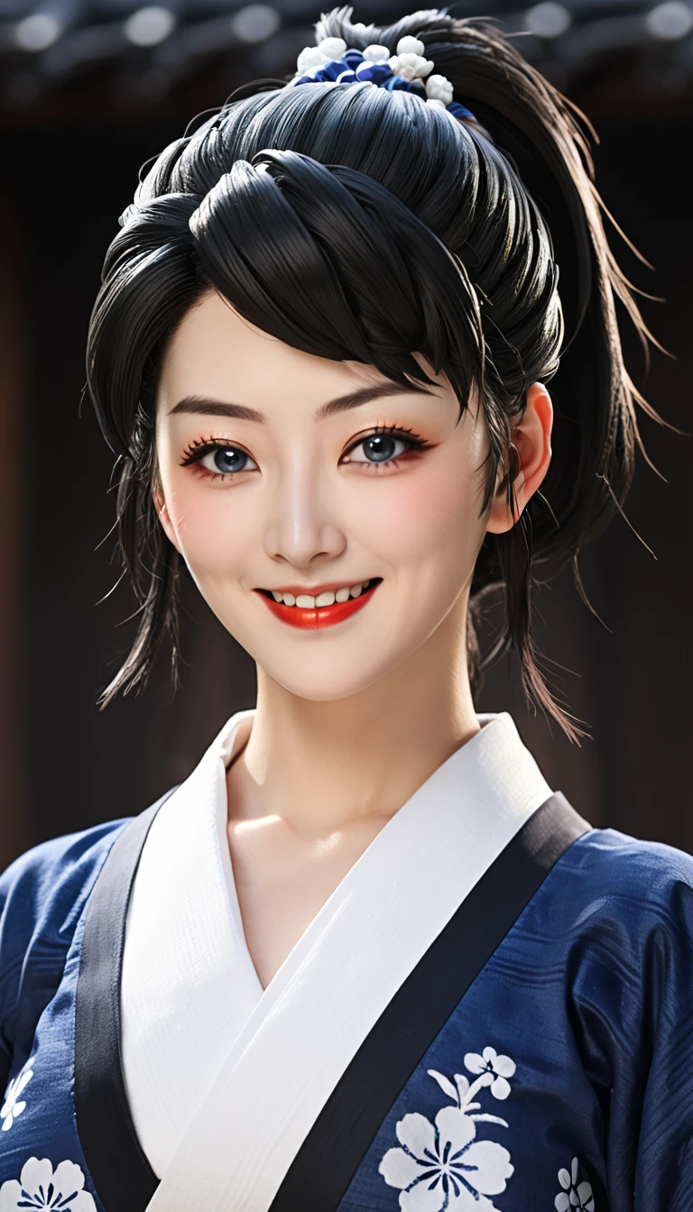 Wolf cut hair、Black Hair、smile、Kunoichi、Female ninja、Ninja、Blue color kimono、Brilliant, beautiful, The finer details, Intricate details, Super detailed, Oily red lips、絶世のBeauty、Dark blue eyes、Beauty、Pure white skin、Gray Hair、Beautiful person、Jet black hair、ponytail、Japanese、Illumination、Beauty、