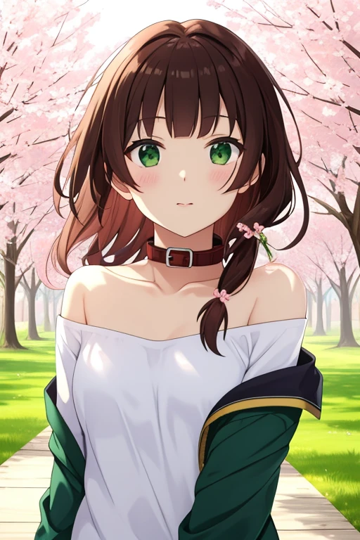 solo,long hair, brown hair, blunt bangs, green eyes, off shoulder, collar bone, look at viewer, perfect fingers, armpit peek, Beautiful flowers bloom, (sparkles), (There is a blooming sakura)，standing under a tree, (head looking up), Look at the tree, Natural soft light, macaron, Still ethereal, Crisp and smooth lines, radiant morning light, soft luminescent glow, casual clothes, jacket, hood