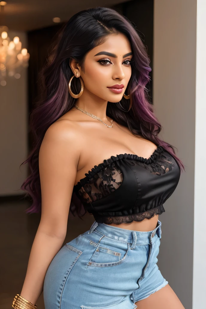 Create an ultra-realistic image of a modern, attractive female influencer of Indian descent, aged between 27 to 30. She should have a warm and inviting smile, expressive almond-shaped eyes with a slight shimmer, and clear, glowing skin with a medium brown complexion. Her features should be well-defined, with high cheekbones and a sharp jawline. Her hair should be long, thick, and wavy, with a natural shine and bounce, styled in loose waves and colored a deep, reddish-purple hue that’s bold yet sophisticated. She should have a slender yet athletic build, reflecting a healthy and active lifestyle. She is wearing a black lace strapless frock with a fitted bodice and a flirty, slightly flared skirt. The lace overlay adds an element of sophistication and mystery. Her bust size is large and big (44-46 inches), ensuring a balanced and proportionate look that fits a variety of body types, with a focus on her enlarged bust size. She also has an increased butt size that complements her figure. Her outfit is completed with stylish black heeled sandals that add elegance to her look. She accessorizes with subtle yet chic jewelry, such as small hoop earrings and a few thin bangles. The background should be an upscale nightclub, suggesting a cosmopolitan lifestyle. Her overall appearance should exude confidence, approachability, and sophistication, capturing the essence of a contemporary Indian fashion influencer, with a special emphasis on her enhanced bust and butt sizes.