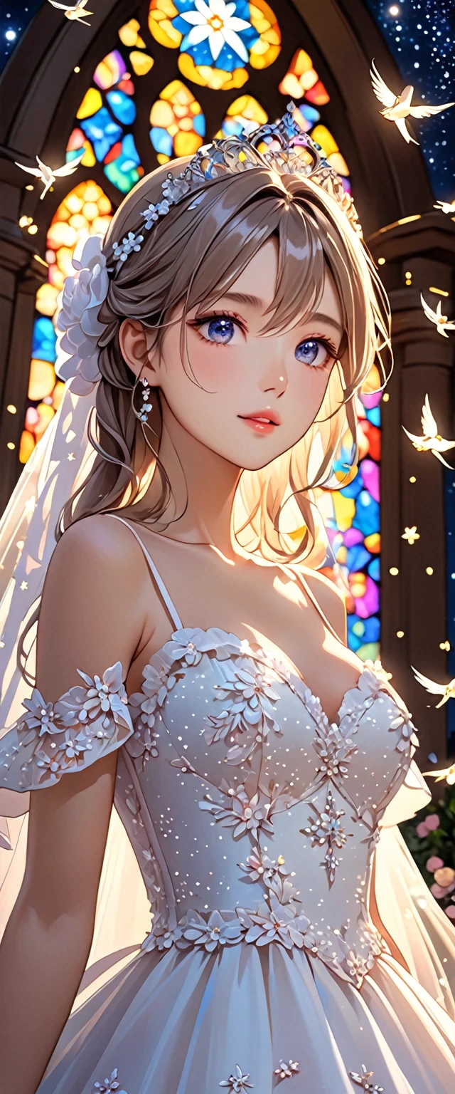 Highest quality, Great quality, 16K, Unbelievably absurd, Very detailed, 2.5D, delicate and dynamic, church, Brightly colored stained glass, Small faint lights and flying fireflies, night, Starry Sky, milky way, nebula, shooting star, Flowers, bird, Wind and Moon, Very delicate facial expressions, Delicate eye depiction, Upper body close-up, erotic, Only sexy women, Healthy body shape, 22-year-old woman, bride, Height: 170cm, Large, firm, swaying bust, Colorful Tiaras, Long wedding dress with complex structure, Colorful long wedding dresses, See-through long ruffle wedding dress, Extra long cape from head