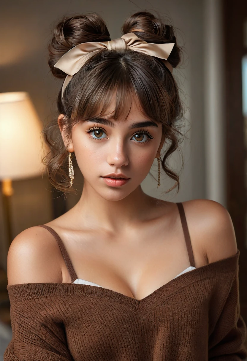 (best quality, 4k, highres, highres face details),18 yrs old, 1girl, solo, athletic figure, tan skin, hoop earrings, perfect nose, perfect lips, fake lashes, large breasts, large butt, deep cleavage, pretty face, cute face, wearing a black bathrobe, huge nipples, naked underneath, soaking wet, brown hair, short curly hair, crossed bangs, brown eyes, constricted pupils, hair ribbon, hoop earrings, cinematic lighting, Ultra-Wide Angle, Canon, Hyperrealism, UHD, masterpiece, textured skin, high details, best quality, detailed eyes, detailed iris, whole body photo, posing for the camera