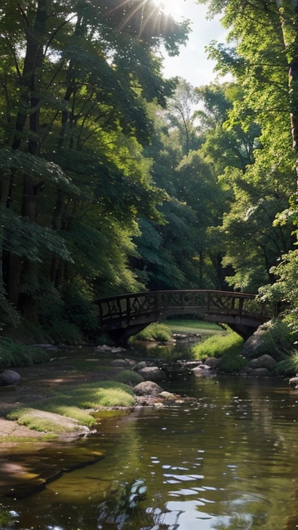 Create a serene landscape featuring a calm river flowing through a lush green forest, with a small wooden bridge arching over the water. The scene should include soft, diffused sunlight filtering through the trees, casting gentle shadows and highlights. Add a couple of deer grazing by the riverbank to enhance the tranquility of the scene.