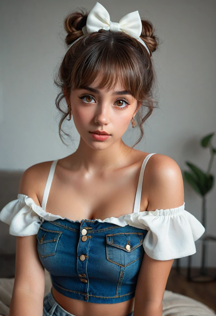 (best quality, 4k, highres, highres face details),18 yrs old, 1girl, solo, Instagram model, athletic figure, tan skin, perfect nose, perfect lips, fake lashes, modest bust size, deep cleavage, cute face, wearing an off the shoulder white shirt, midriff showing ,wearing jean shorts, brown hair, short curly hair, crossed bangs, brown eyes, constricted pupils, hair ribbon, hoop earrings, cinematic lighting, Ultra-Wide Angle, Canon, Hyperrealism, UHD, masterpiece, textured skin, high details, best quality, detailed eyes, detailed iris, full body image