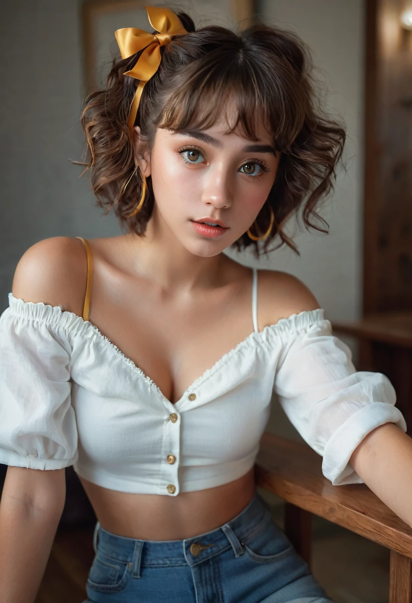 (best quality, 4k, highres, highres face details),18 yrs old, 1girl, solo, Instagram model, athletic figure, tan skin, perfect nose, perfect lips, fake lashes, modest bust size, deep cleavage, pretty face, cute face, wearing an off the shoulder white shirt, midriff showing ,wearing jean shorts, brown hair, short curly hair, crossed bangs, brown eyes, constricted pupils, hair ribbon, hoop earrings, cinematic lighting, Ultra-Wide Angle, Canon, Hyperrealism, UHD, masterpiece, textured skin, high details, best quality, detailed eyes, detailed iris, full body image