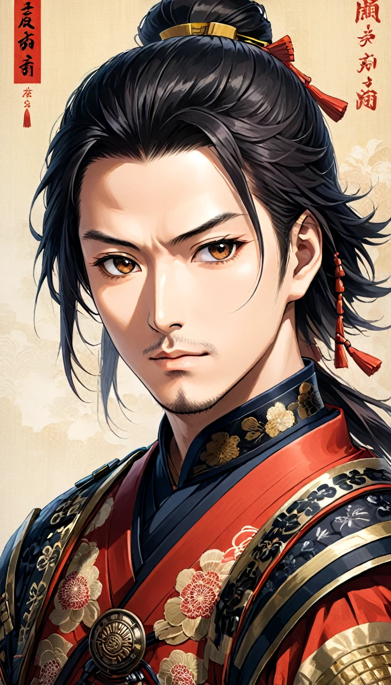 "A detailed portrait of Maeda Keiji, a Japanese samurai from the Sengoku period. He is wearing traditional samurai armor with intricate designs, featuring a fierce and dignified expression. The style should reflect Edo period Japanese art, with a realistic and historical appearance."