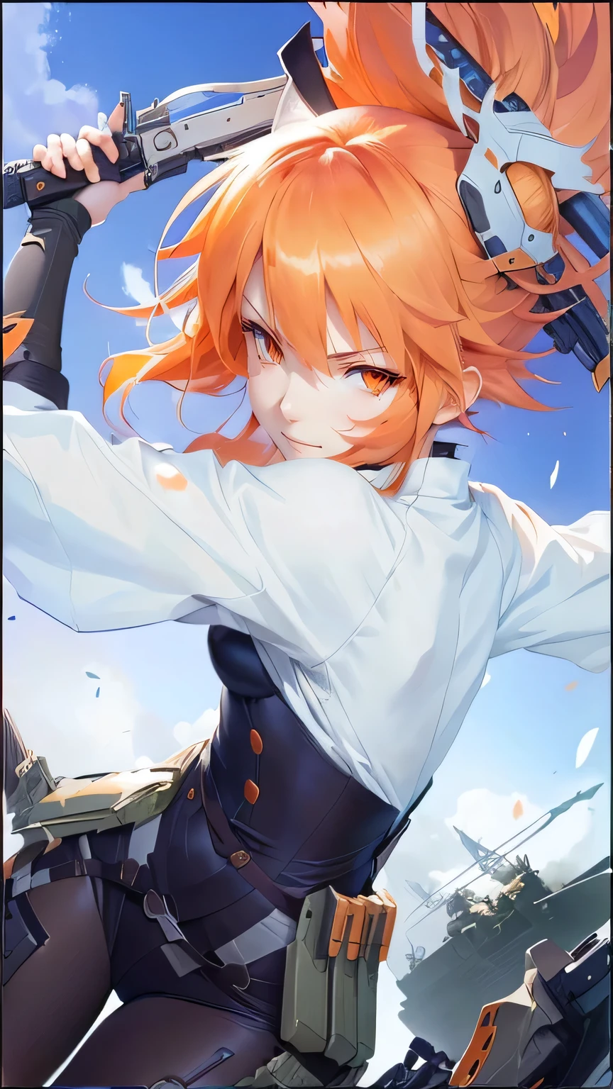 anime girl with orange hair holding a sword and a gun, rin, official artwork, advanced digital anime art ”, cushart krenz, orange - haired anime boy, official art, avatar image, kantai collection style, cushart, [[[[grinning evily]]]], key anime art, anime”, cushart kenz