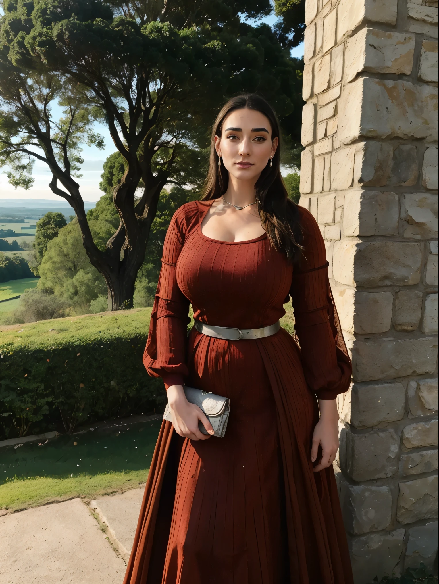 Gorgeous and sultry busty athletic (thin) brunette queen with sharp facial features wearing a modest updo, dark red medieval dress, long sleeves, intricate patterns, scrollwork, wide neck, crown, veil, long dress, modest dress, tight bodice, silver belt, (waist chain), medieval jewelry, Middle Ages, castle, rampart, wall, exterior, on top of a castle wall, trees, countryside, evening, sunset.