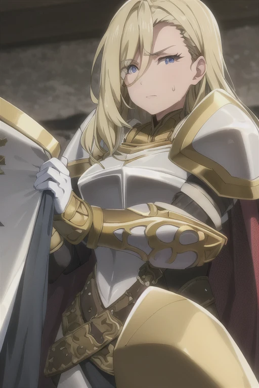 1female_knight, upper body, armor, long hair, highly detailed face, facing the viewer, looking at the viewer, aroused facial expression, blush, sweat, best quality, breastplate, cape, shoulder armor, blurry background