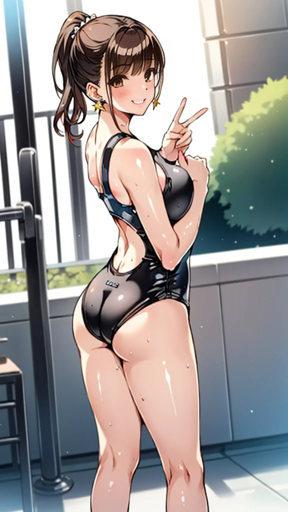 (Highly detailed CG), (Highest quality), Perfect Face, Glowing Skin, Shiny skin,Wide Hips,  One girl,alone , ((shirokoswimsuit)), MioSuto,Iris,star(symbol),Black Hair, Earrings,(hihelz),boots, Brown eyes, ponytail, Brown Hair, smile,Thick thighs，Butt, Butt focus, Recall, smile