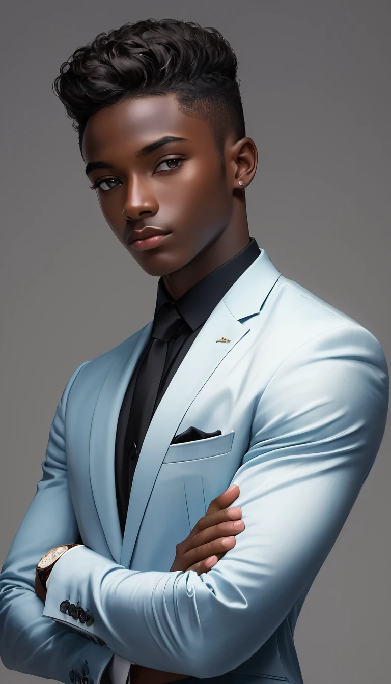 20 year old man,black skin,Wearing a suit, standing with arms crossed.