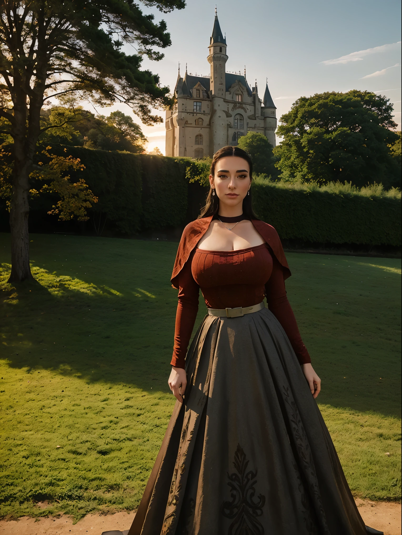 Gorgeous and sultry busty athletic (thin) brunette queen with sharp facial features wearing a modest updo, dark red medieval dress, long sleeves, intricate patterns, scrollwork, wide neck, crown, veil, long dress, modest dress, tight bodice, silver belt, (waist chain), medieval jewelry, Middle Ages, castle, rampart, wall, exterior, on top of a castle wall, trees, countryside, evening, sunset.