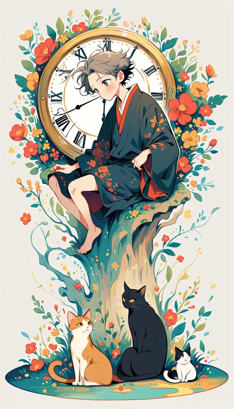 white background, Fujichoco style, black kimono, (((the most beautiful boy))),  gray hair, shining pupils, ((big clock, cat)), vivid colors, white background, simple background, full body, Simple line initialism,