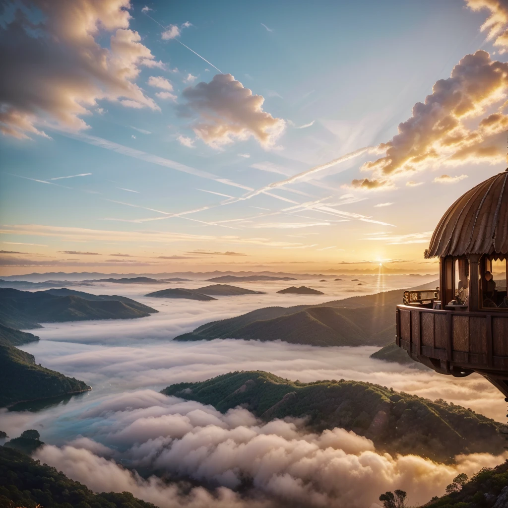 (best quality,4k,8k,highres,masterpiece:1.2), ultra-detailed, realistic:1.37, vivid colors, HDR, luxury hot air balloon floating in the sky, golden glow, mesmerizing scenery, breathtaking view, sparkling fabric, intricate details, enchanting sunset, whimsical clouds, panoramic landscape, dreamlike atmosphere, graceful movement, majestic presence, ethereal adventure, magical journey, glamorous experience, gentle breeze, picturesque backdrop, opulent design, exquisite craftsmanship, radiant glow, opalescent hues, golden hour, serene horizon, floating above the clouds, tranquil escape, luxurious escape, peaceful ambiance
