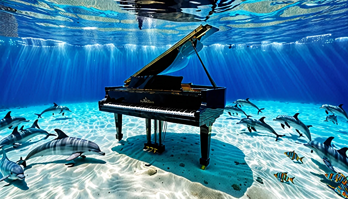 A grand piano placed underwater in crystal clear water。Dolphins are swimming