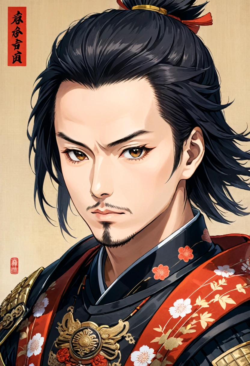 "A detailed portrait of Maeda Keiji, a Japanese samurai from the Sengoku period. He is wearing traditional samurai armor with intricate designs, featuring a fierce and dignified expression. The style should reflect Edo period Japanese art, with a realistic and historical appearance."
