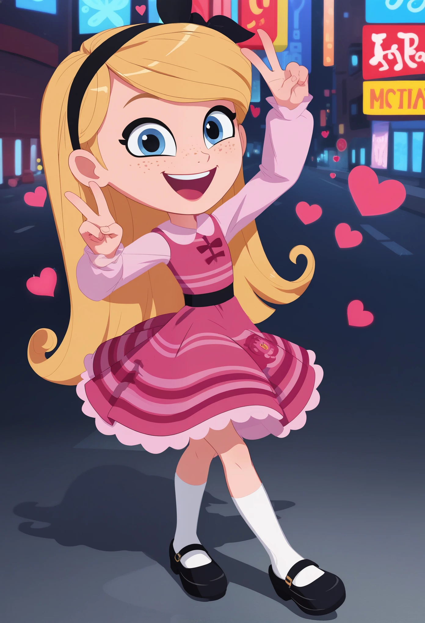 1girl, full body, solo, penny peterson, long hair, blue eyes, freckles, blonde hair, skirt, hairband, black hairband, white long tube socks, dress, pink dress, long sleeves, Mary janes, black Mary janes, score_9,score_8_up,score_7_up,score_6_up,score_5_up, heart-warming, sparkles, open mouth, smile, joyful, peace sign, (laughingly: 1.1), city street, (highres:1.2),(ultra-detailed:1.2),[high dynamic range lighting],(masterpiece:1.3), (best quality),highly quality, intricate details,(extremely detailed CG unity 8k wallpaper:1.2),best shadow,(extremely detailed fine touch:1.2), (high resolution), (8K), (extremely detailed), (4k), 