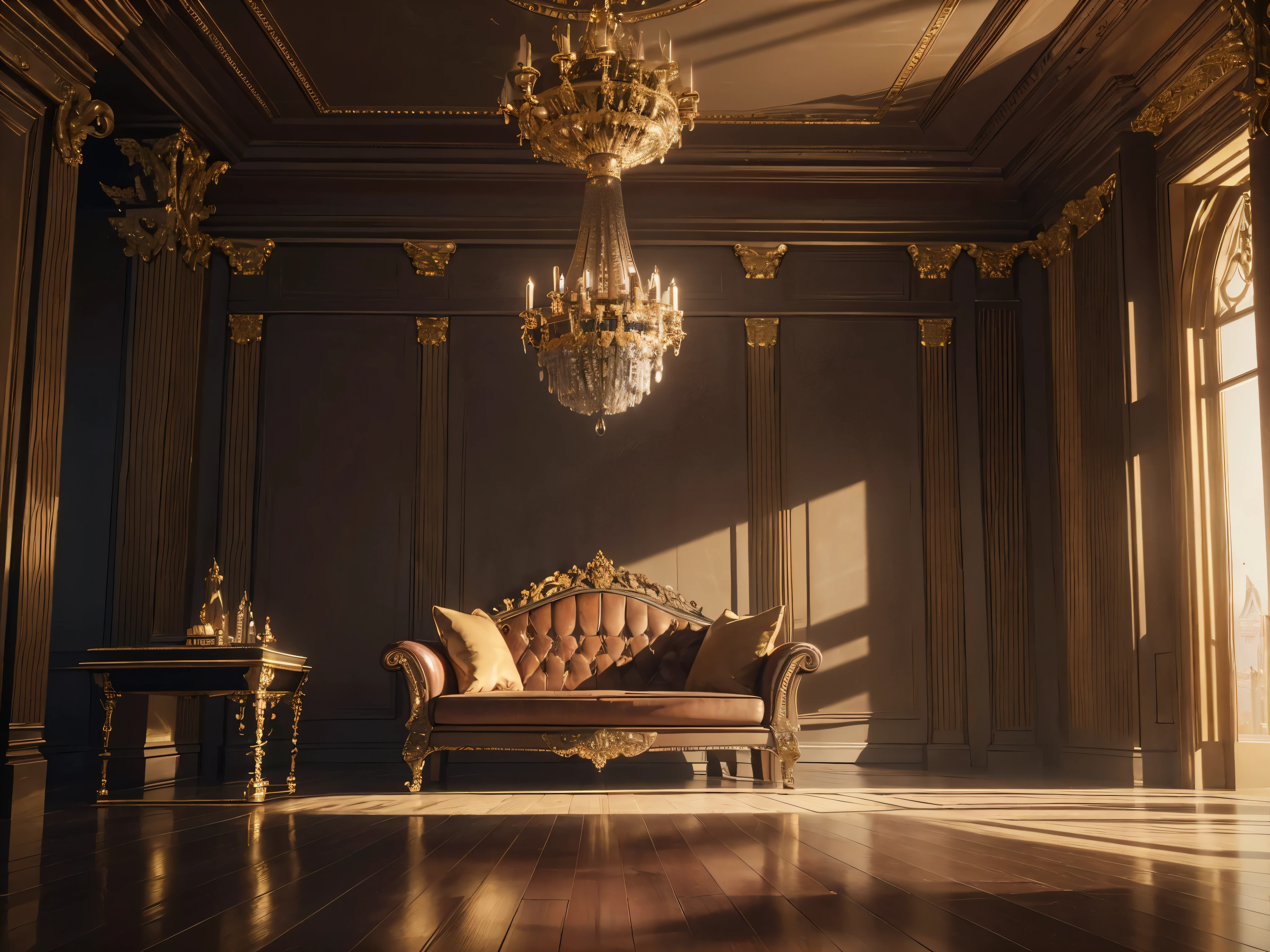 A magnificent, intricate 3D scene, luxurious architectural design, opulent materials, dramatic lighting, highly detailed, hyper-realistic, cinematic composition, volumetric fog, intricate details, ornate patterns, reflective surfaces, warm color palette, dramatic shadows, masterpiece, superb quality