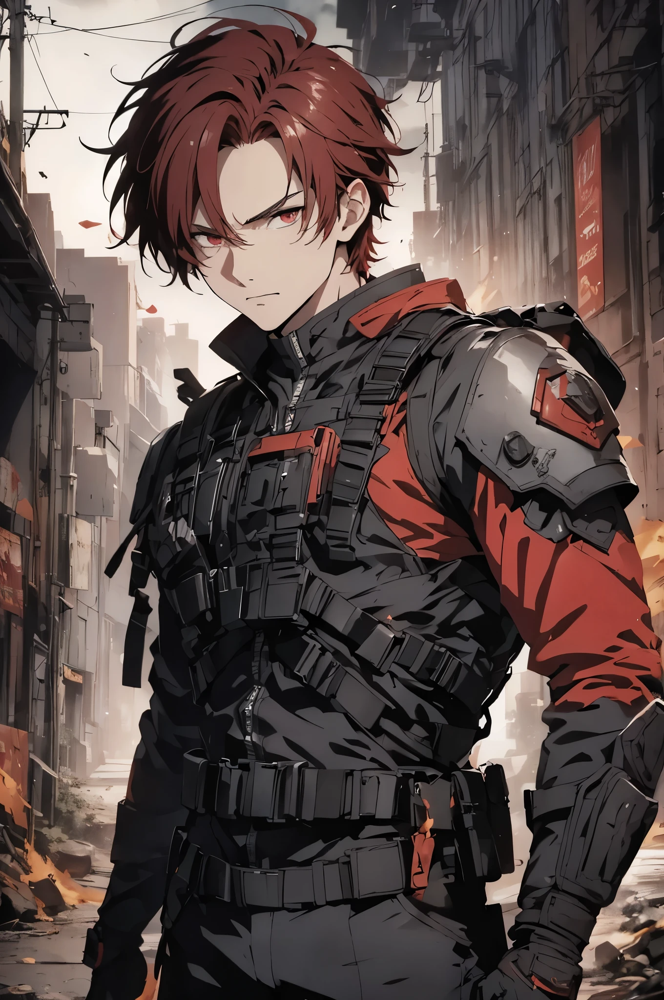 1man, handsome, red hair, wearing combat suit, ultra high resolution, best quality, masterpiece, rtx,ray tracing, 4k, top quality, highly detailed, official art, stunning visuals 